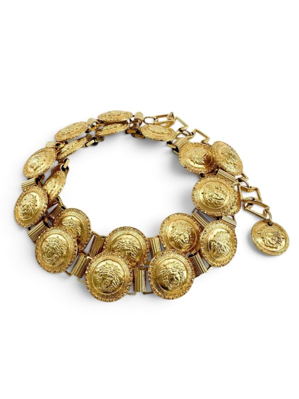 Versace Gianni Vintage Medusa Logo Coin Motif Chain Belt Gold